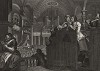 Прилежание. Подмастерье исполняет долг христианина, 1747. Сцена в церкви. Прилежный юноша вместе с дочерью директора фабрики усердно читает молитвы. Лентяй изображен спиной к зрителю. Он разглядывает прихожан, собравшихся в соборе. Геттинген, 1854