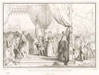 6 июня 1489 года. Дож Венеции Джованни Мочениго (1408-1485) принимает корону королевства Кипр из рук королевы Катерины Корнаро. Storia Veneta, л.91. Венеция, 1864