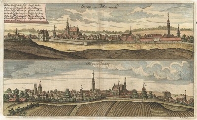Польский город Жары. Sorau von Mitternacht. Sorau von Mittag (нем.). Гравировал Иоганн Георг Менцель в 1714 году