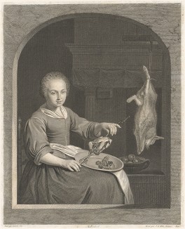 Женщина за приготовлением птицы. Гравировал Иоганн Георг Вилль с утраченного живописного оригинала Габриэля Метсю. Париж, 1762