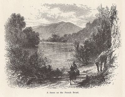 Всадник, едущий по побережью реки Френч-Броад-ривер, штат Северная Каролина. Лист из издания "Picturesque America", т.I, Нью-Йорк, 1872.