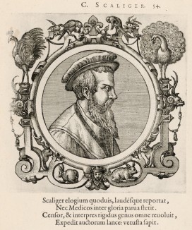 Иосиф Юстус Скалигер (1540--1609 гг.) -- основатель современной исторической хронологии (лист 54 иллюстраций к известной работе Medicorum philosophorumque icones ex bibliotheca Johannis Sambuci, изданной в Антверпене в 1603 году)