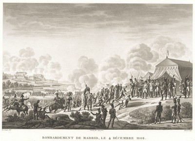 Бомбардировка Мадрида 4 декабря 1808 г. Гравюра из альбома "Военные кампании Франции времён Консульства и Империи". Campagnes des francais sous le Consulat et l'Empire. Париж, 1834