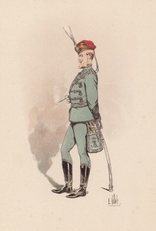 Курящий офицер саксонских гусар германской армии в 1890-е гг. (из "Иллюстрированной истории верховой езды", изданной в Париже в 1893 году)