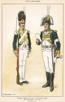 Солдат и офицер шведской лейб-гвардии в униформе образца 1807-17 гг. Svenska arméns munderingar 1680-1905. Стокгольм, 1911