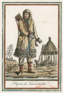Камчадал-охотник на фоне туземного жилища (иллюстрация к работе Costumes civils actuels de tous les peuples..., изданной в Париже в 1788 году)