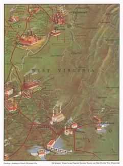 Карта Западной Вирджинии с указанием электростанций.   