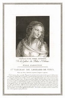 Женский портрет работы Леонардо да Винчи. Лист из знаменитого издания Galérie du Palais Royal..., Париж, 1786