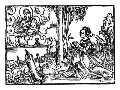 Молитва королевы о рождении ребенка. Из "Жития Святого Христофора" (S. Christops Geburt und Leben) неизвестного немецкого мастера. Издал Johann Weyssenburger, Ландсхут, 1520 