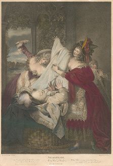 "Виндзорские проказницы". Акт III. Сцена III. Лист из знаменитой серии гравюр "Шекспировская галерея", выпускавшейся в Лондоне с 1790 по 1803 год известным лондонским издателем Джоном Бойделлом