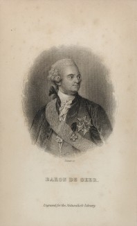 Барон Карл Дегеер (1720-1778) -- шведский энтомолог, ученик Линнея (фронтиспис XXXIV тома "Библиотеки натуралиста" Вильяма Жардина, изданного в Эдинбурге в 1843 году)