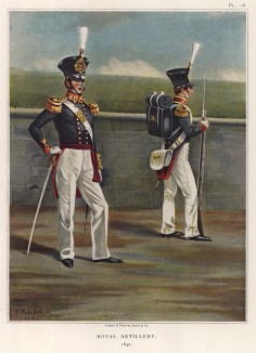Офицер и солдат королевской артиллерии в форме образца 1840 года (лист XVIII работы "История мундира королевской артиллерии в 1625--1897 годах", изданной в Париже в 1899 году)