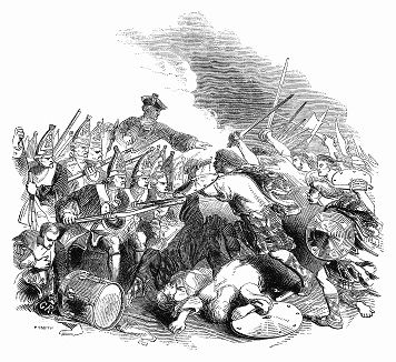 Сражение при Куллодене, происходившее в 1746 году между шотландским ополчением, под предводительством Карла Эдуарда Стюарта (1720 -- 1788 гг.), претендента на престол, и английскими войсками (Supplement to The Illustrated London News от 20/04/1844 г.)
