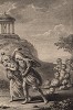 Девкалион и Пирра -- единственные люди, спасшиеся во время потопа, по совету Фемиды бросают камни, из которых появляется новое поколение людей (гравюра из первого тома поэмы "Метаморфозы" древнеримского поэта Публия Овидия Назона. Париж, 1767 год)
