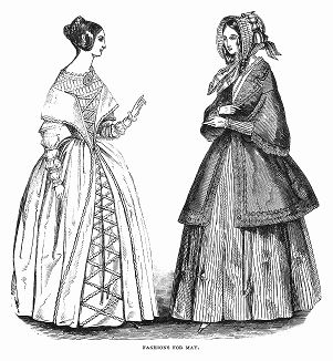 Платье из шёлка, меняющего цвет, муслиновые шемизетка и рукава (слева), длинный плащ с капюшоном, отороченный рюшами (справа) -- парижская мода, май 1844 года (The Illustrated London News №104 от 27/04/1844 г.)