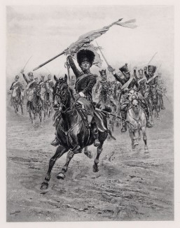 Лейтенант Суффло ведёт в атаку на английские позиции конных егерей 20-го полка (битва в бухте Мондего (апрель 1812 года)) (иллюстрация к известной работе "Кавалерия Наполеона", изданной в Париже в 1895 году)