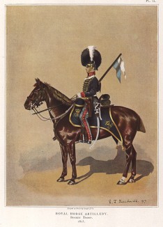 Солдат конной артиллерии в форме образца 1815 года (лист XII работы "История мундира королевской артиллерии в 1625--1897 годах", изданной в Париже в 1899 году)