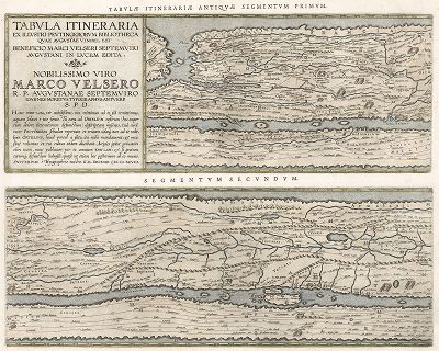 Репродукция части Пейтингеровой таблицы с изображением основных дорог Римской империи (часть  первая-вторая). Лист из "Theatri Orbis Terrarum Parergon", Антверпен, 1624