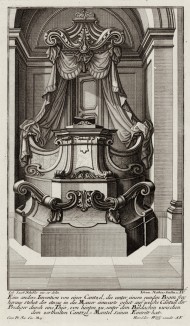 Церковная кафедра под балдахином, с отдельным входом. Johann Jacob Schueblers Beylag zur Ersten Ausgab seines vorhabenden Wercks. Нюрнберг, 1730
