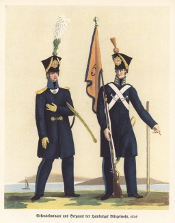 Офицер и сержант городской гвардии вольного города Гамбурга в 1816 году (из популярной в нацистской Германии работы Мартина Лезиуса Das Ehrenkleid des Soldaten... Берлин. 1936 год)