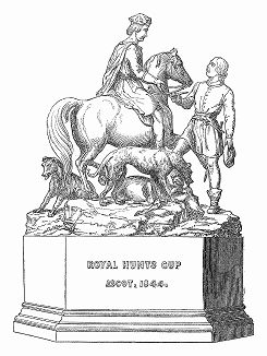 Награда на скачках, проводившихся в 1844 году на английском ипподроме Аскот близ Виндзора -- серебряная скульптурная группа, изображающая короля Шотландии Роберта I Брюас на охоте (1274 -- 1329) (The Illustrated London News №110 от 08/06/1844 г.)