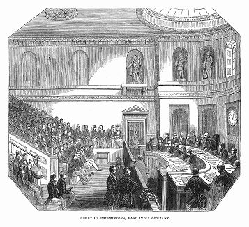 Собрание акционеров британской Ост-Индской компании, проводящееся в одном из помещений лондонской штаб-квартиры (The Illustrated London News №105 от 04/05/1844 г.)