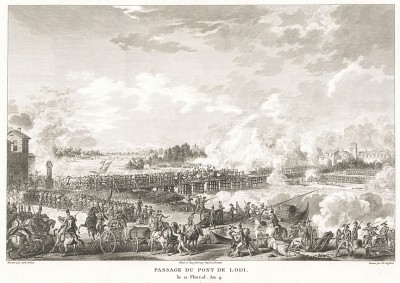 Сражение на мосту через реку Лоди 10 мая 1796 года. Гравюра из альбома "Военные кампании Франции времён Консульства и Империи". Campagnes des francais sous le Consulat et L'Empire. Париж, 1834
