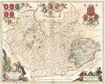 Карта графства Лестершир. Leicestrensis comitatus cum Rutlandia. Vulgo Leicester & Rutland Shire. Составил Ян Янсониус. Амстердам, 1646