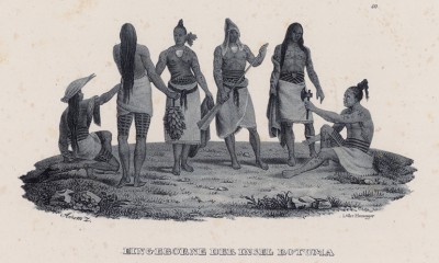Аборигены островов Фиджи (лист 50 второго тома работы профессора Шинца Naturgeschichte und Abbildungen der Menschen und Säugethiere..., вышедшей в Цюрихе в 1840 году)