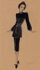 Приталенная блуза со стойкой, украшенная вышивкой по поясу, поверх прямой юбки ниже колена из коллекции осень-зима 1942-43 года дизайнера Мари-Луиз Брюйер (собственноручная гуашь автора). Уникальный документ истории моды времен Второй мировой войны 