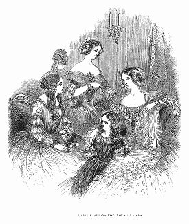 Юные парижанки, облачённые в вечерние платья, пошитые из белого крепа -- парижская мода, январь 1848 года (The Illustrated London News №299 от 22/01/1848 г.)