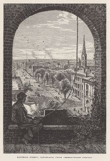 Вид на Супериор-стрит с колокольни пресвитерианского собора, Кливленд, штат Огайо. Лист из издания "Picturesque America", т.I, Нью-Йорк, 1872.