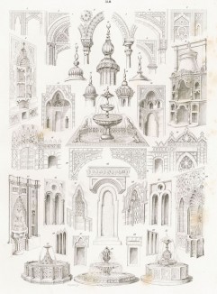 Различные архитектурные элементы, рисованные с натуры во время путешествия по Египту в 1838 году (из "Путешествия на Восток..." герцога Максимилиана Баварского. Штутгарт. 1846 год (лист XLIII))