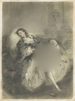 Дама с собачкой в постели. Подготовительный рисунок  для сюиты “L'amour que ce que c'est que ça”, представлявшей собою 12 эротических литографий с фальшивой подписью G. (якобы Gavarni) и французским текстом.