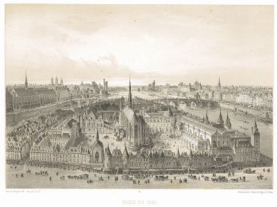 Париж в 1650-е годы. Вид на Пале-де-Жюстис и Сену (из работы Paris dans sa splendeur, изданной в Париже в 1860-е годы)