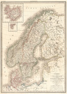 Карта Скандинавии, включающая королевства Дания, Швеция и Норвегия, а также остров Исландия. Atlas universel de geographie ancienne et moderne..., л.29. Париж, 1842