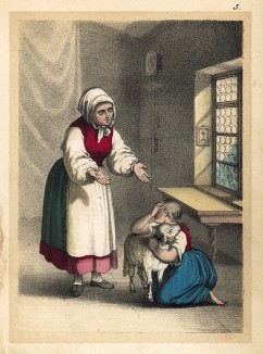 Девочка Мэри принесла домой найденного ягненка. Гравюра из детской книги "Bright Pictures from Child Life", Бостон, 1857