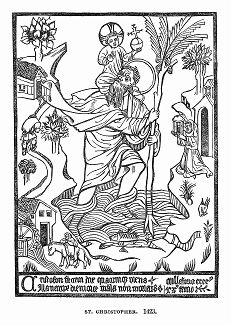 Святой Христофор из Буксгейма -- мученик, живший в III веке, изображаемый как великан, переносящий через реку младенца Христа -- гравюра на дереве, Германия, 1423 год (The Illustrated London News №103 от 20/04/1844 г.)
