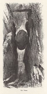 Горное ущелье с бурлящим по дну потоком и застрявшим меж скал камнем, Белые горы, штат Нью-Гемпшир. Лист из издания "Picturesque America", т.I, Нью-Йорк, 1872.