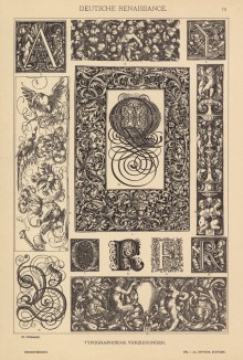 Элементы титульных листов, буквицы (лист 75 альбома "Сокровищница орнаментов...", изданного в Штутгарте в 1889 году)