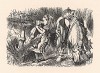 "Как это вы можете говорить вниз головой, да ещё так спокойно?" -- спросила Алиса, вытаскивая его за ноги из канавы (иллюстрация Джона Тенниела к книге Льюиса Кэрролла «Алиса в Зазеркалье», выпущенной в Лондоне в 1870 году)