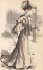 Осенний костюм цвета беж с меховой оторочкой и бархатными вставками. Шляпа со страусиными перьями. Les grandes modes de Paris, сентябрь 1903 г. 