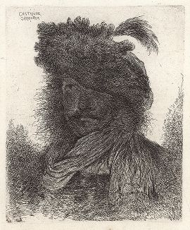 Автопортрет в берете и шарфе (большой, затененный). Офорт Джованни Кастильоне из сюиты «Большие головы, убранные на восточный манер», ок. 1645-50 гг. 