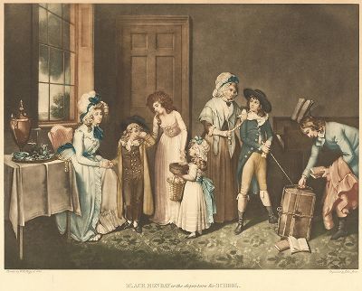 "Чёрный понедельник" или проводы в школу. Лист, выполненный  Джоном Джонсом по картине известного английского художника Уильяма Бигга, Лондон, ок. 1790 года