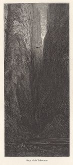 Жертва Йеллоустона - внутренний вид каньона реки Йеллоустон-ривер. Лист из издания "Picturesque America", т.I, Нью-Йорк, 1872.