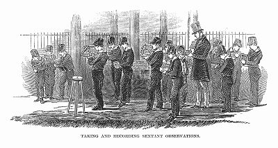 Упражнение по снятию показаний секстанта -- навигационного измерительного инструмента в британской Королевской морской школе при Королевском военно--морском госпитале, расположенном в Гринвиче (The Illustrated London News №303 от 19/02/1848 г.)