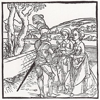 Рыцарь де ля Тур передаёт книгу дочерям (иллюстрация к книге "Рыцарь Башни", гравированная Дюрером в 1493 году)