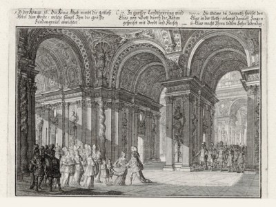 Царь Ахав во дворце (из Biblisches Engel- und Kunstwerk -- шедевра германского барокко. Гравировал неподражаемый Иоганн Ульрих Краусс в Аугсбурге в 1700 году)
