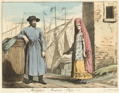 Русские купец и купчиха. Moeurs et costumes des Russes ... par A.-G. Houbigant, л. 26, Париж, 1817