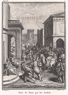 Захват Рима галлами. Лист из "Краткой истории Рима" (Abrege De L'Histoire Romaine), Париж, 1760-1765 годы
